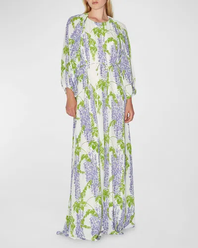 Bernadette Fran Crepe De Chine Floral Print Maxi Dress In Wisteria Small Purple On Ivory