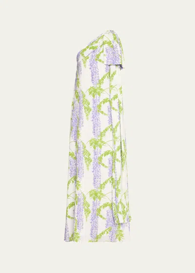 BERNADETTE GALA ONE-SHOULDER WISTERIA PRINTED MAXI DRESS WITH BOW DETAIL