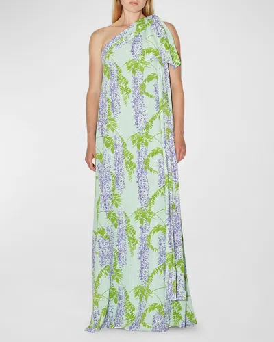 Bernadette Gala One-shoulder Wisteria Printed Maxi Dress With Bow Detail In Wisteria Small Purple On Mint