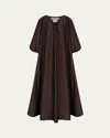 Bernadette George Gathered Taffeta Puff-sleeve Maxi Dress In Brown
