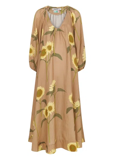 Bernadette Georgette Floral-print Linen Maxi Dress In Camel