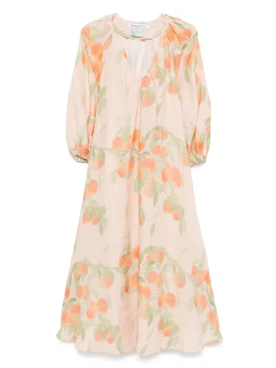 Bernadette Peach Print Puff-sleeve Linen Dress In Orange