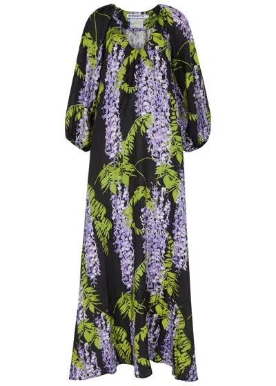 Bernadette Georgio Floral-print Linen Gown In Black