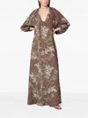 Bernadette Georgio Draped Floral-print Linen Maxi Dress In Brown