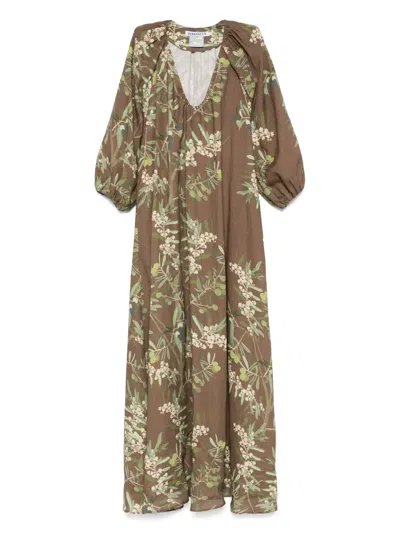 Bernadette Georgio Draped Floral-print Linen Maxi Dress In Brown