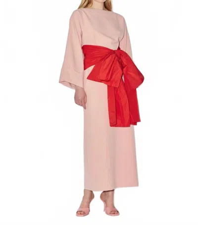Bernadette Kimono Sleeve Dress With Cumberbun Taffeta Bow In Soft Pink/red