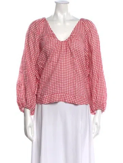 Pre-owned Bernadette Linen Plaid Print Blouse In Pink
