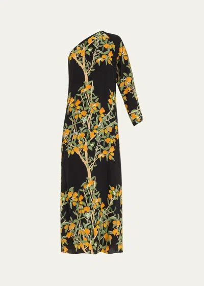Bernadette Lola One-shoulder Kumquat Print Midi Dress In Black