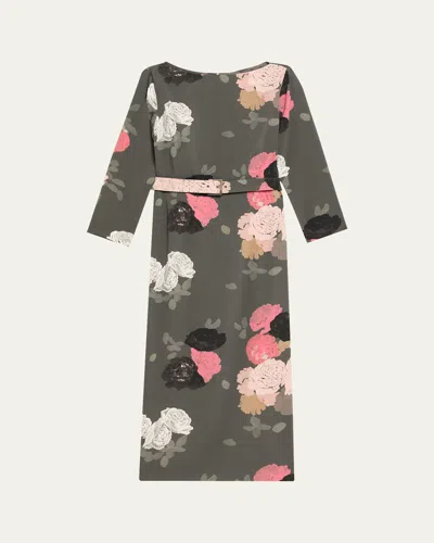 Bernadette Luce Floral-print Belted Midi Dress In Gray
