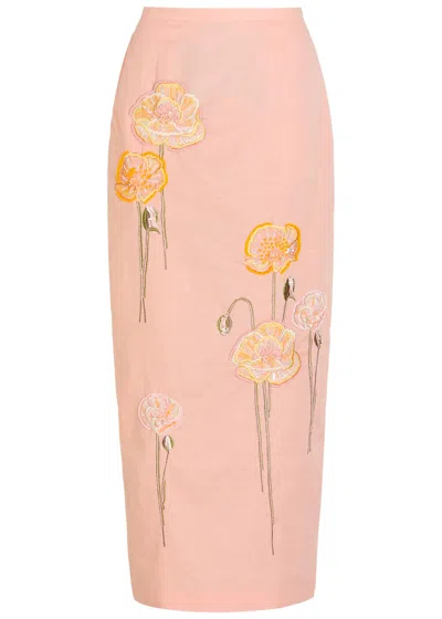 Bernadette Norma Floral-embroidered Cotton And Linen-blend Midi Skirt In Brown