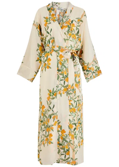 Bernadette Peignoir Printed Silk Wrap Dress In Cream