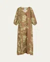 Bernadette Georgio Draped Floral-print Linen Maxi Dress In Olive Tree - Chocolate