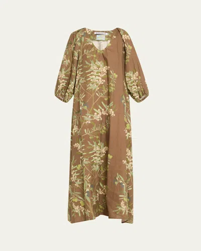 BERNADETTE PUFF-SLEEVE PRINTED LINEN MAXI DRESS