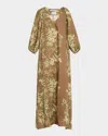 Bernadette Georgio Draped Floral-print Linen Maxi Dress In Olive Tree - Chocolate