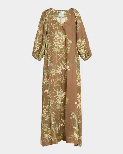 Bernadette Puff-sleeve Printed Linen Maxi Dress In Olive Tree - Chocolate