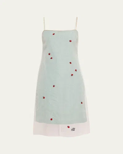 Bernadette Rachel Embroidered Silk Slip Dress Lady Bugs Embroidery Green In Blue