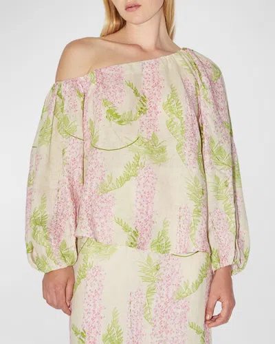 Bernadette Raquel Floral-print Off-the-shoulder Linen Top In Wisteria Small Pink On Beige