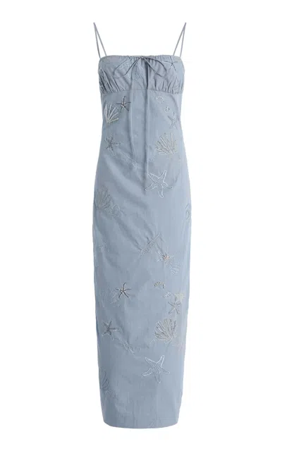 Bernadette Riri Embroidered Cotton Midi Dress In Blue