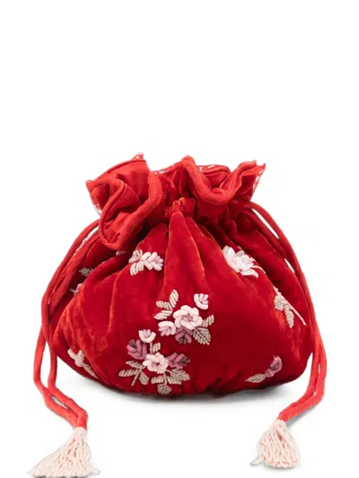 Bernadette Round Embroidered Bucket Bag In Red