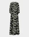 Bernadette Roxette Long Floral Silk Dress In Cosmos Ivory And Black On Soft Pink