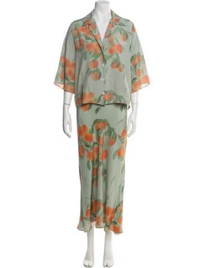 Pre-owned Bernadette Silk Floral Print Skirt Set In Green