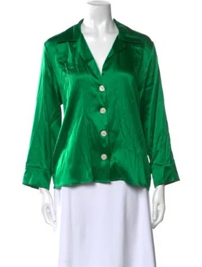 Pre-owned Bernadette Silk Three-quarter Sleeve Button-up Top In Green
