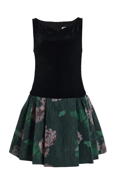 Bernadette Yael Pleated Floral-print Velvet And Taffeta Mini Dress In Green