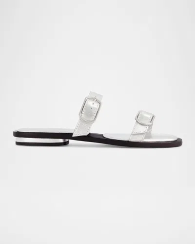 Bernardo 1946 Arta Buckle Metallic Leather Flat Sandals In Light Silver Metallic Glove Leather
