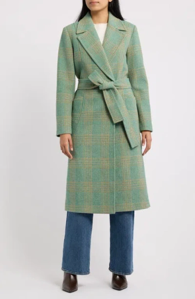 Bernardo Belted Wool Blend Longline Coat In Greenplaid