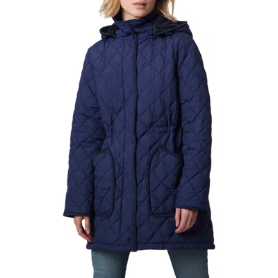 Bernardo Diamond Quilted Hooded Puffer Coat In Navy