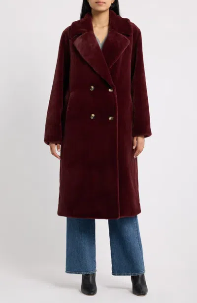 Bernardo Faux Fur Double Breasted Long Coat In Burgundy