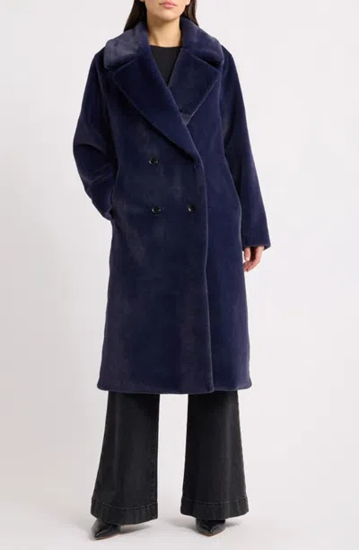 Bernardo Faux Fur Double Breasted Long Coat In Blue