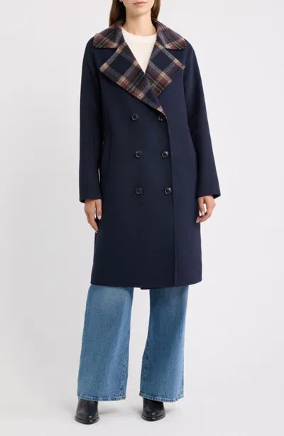 Bernardo Funnel Collar Coat In Navy/plaid