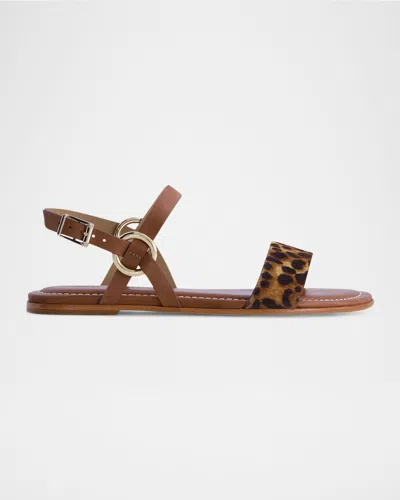 Bernardo Henre Leopard Flat Slingback Sandals In Natural Leopard/luggage Haircalf/antique Calf