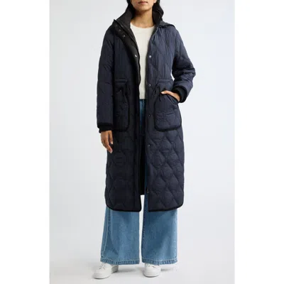 Bernardo Hooded Diamond Quilted Long Coat In Navy