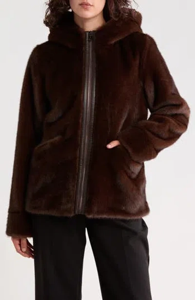 Bernardo Hooded Faux Fur Bomber Jacket In Brown