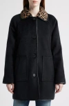 Bernardo Leopard Print Collar Felt Coat In Black