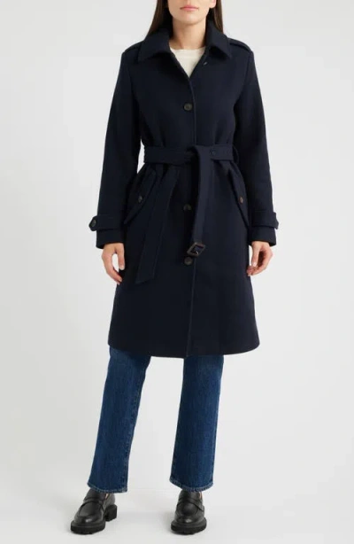 Bernardo Long Belted Coat In Blue
