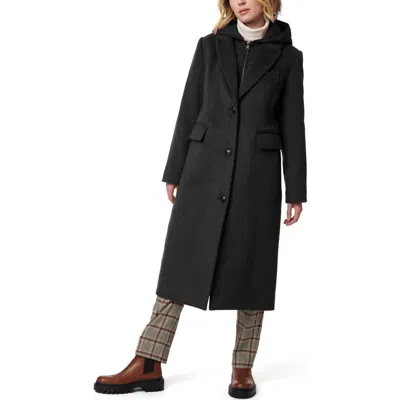 Bernardo Long Coat With Hooded Quilted Bib In Black
