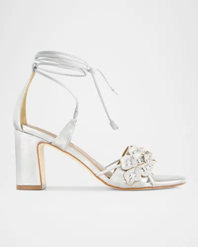 Bernardo Metallic Floral Ankle-wrap Sandals In Silver Metallic Glove Leather
