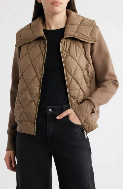 Bernardo Mixed Media Knit & Quilted Jacket In Brown