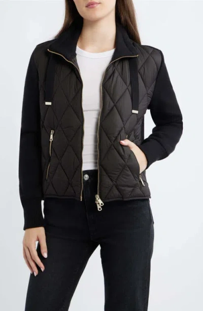 Bernardo Mixed Media Quilt Front Sweater Jacket In Black