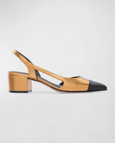 Bernardo Monroe Cap-toe Slingback Pumps In Bronze Metal Antique Calf/ Black