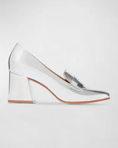 Bernardo Nessa Metallic Heeled Penny Loafers In Silver Mirror Metallic Calf