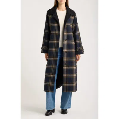 Bernardo Plaid Funnel Neck Coat In Navy Plaid