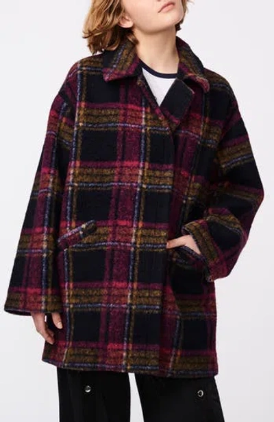 Bernardo Plaid Notch Lapel Coat In Navy Pink Camel
