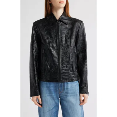Bernardo Short Croc-embossed Leather Jacket In Black