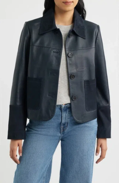 Bernardo Short Mixed Media Leather Jacket In Blue