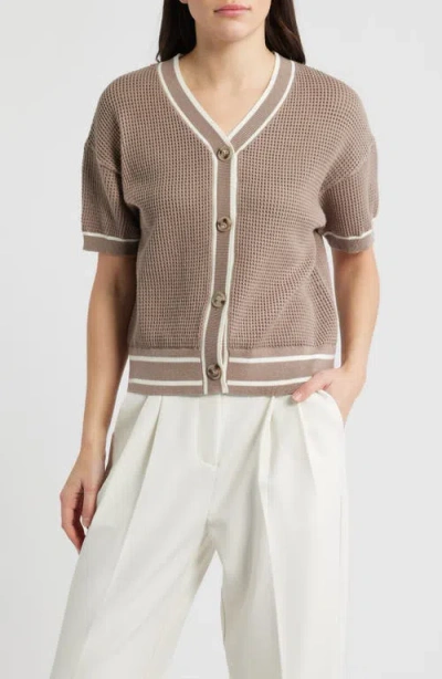 Bernardo Short Sleeve Basketweave Cardigan In Blue