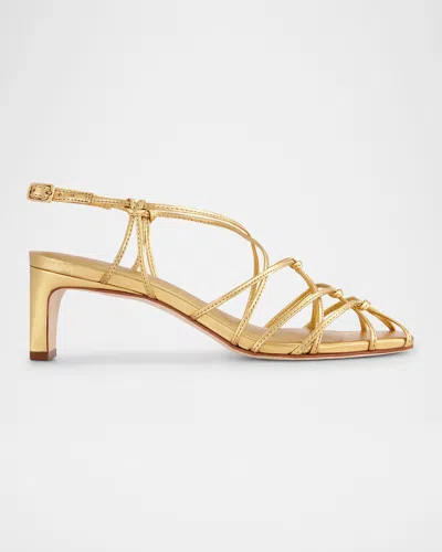 BERNARDO STRAPPY METALLIC KITTEN SLINGBACK SANDALS